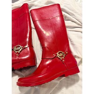 EUC Michael Kors Fulton Harness Tall Red Rubber Rain Boots
